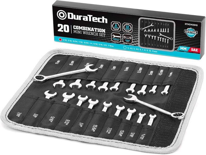 DURATECH Mini Wrench Set, Midget Combination Wrench Set, 20-Piece, Metric & SAE, 4-11mm & 5/32" - 7/16", Lightweight, with Rolling Pouch - Image 1